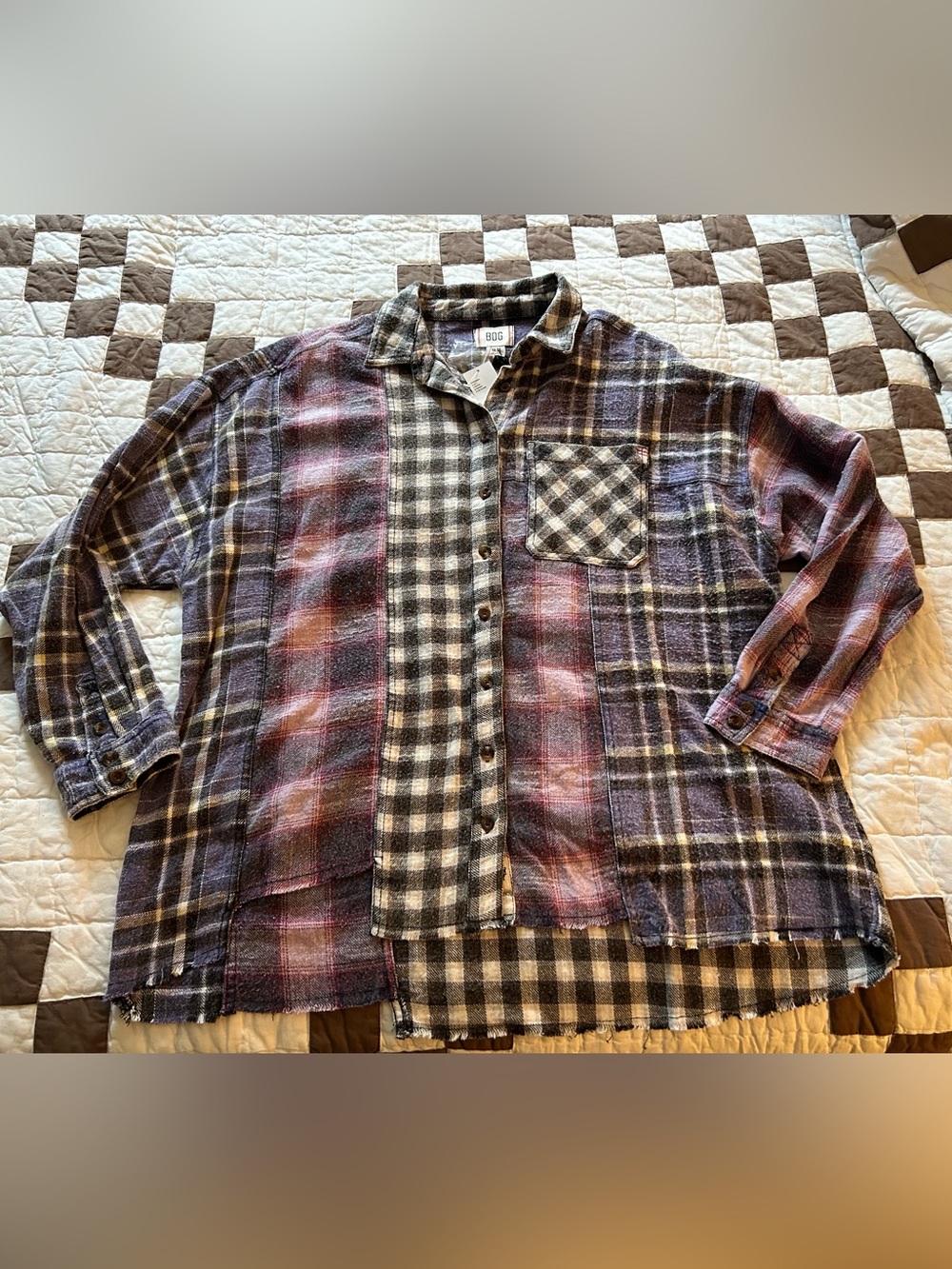 NWT BDG Urban Outfitters purple and black mixed-plaid patchwork flannel shirt